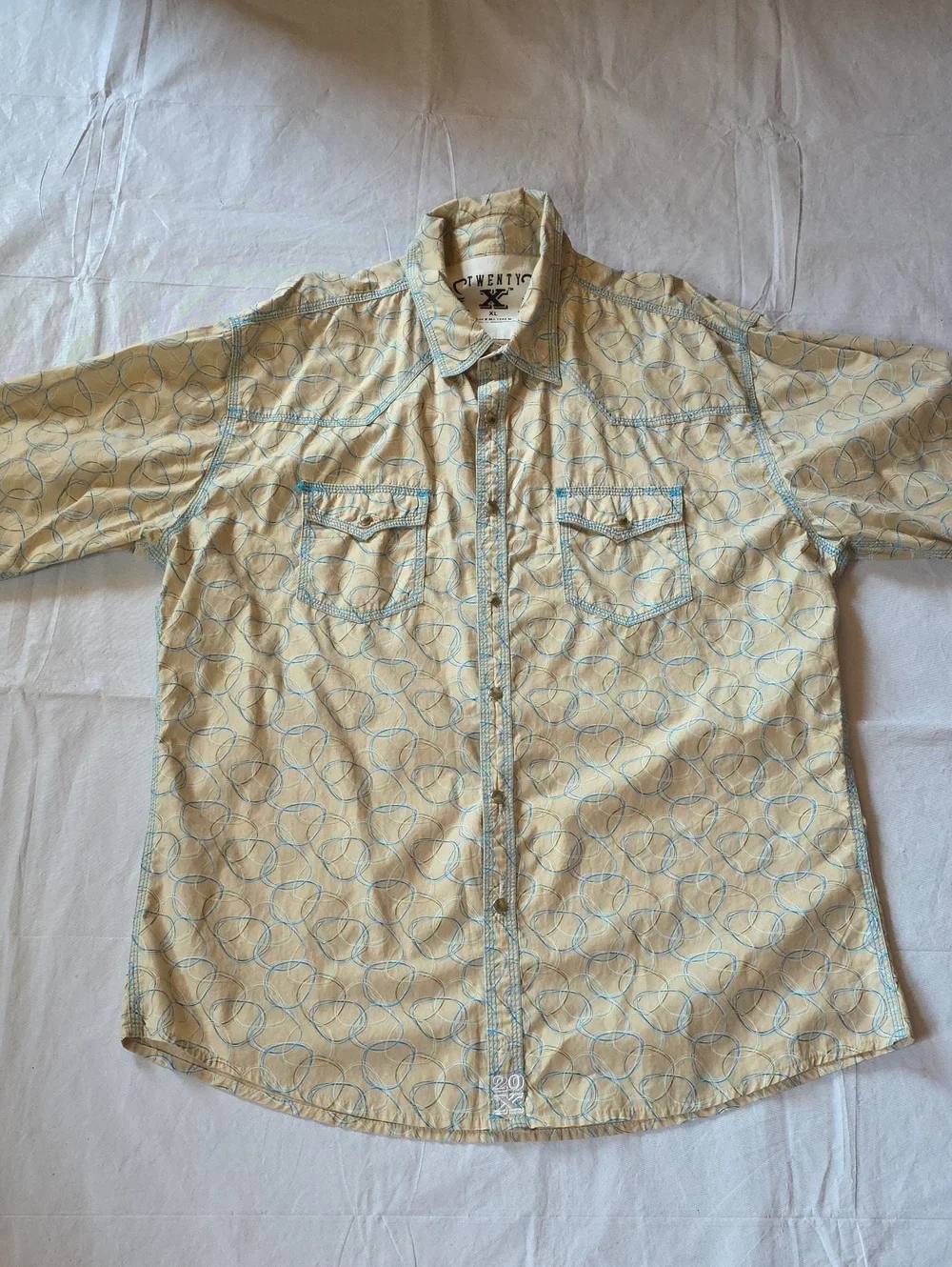 Twenty X Men's Beige Button-Up Shirt Blue Circular Print Pearl‎ Snaps Western XL